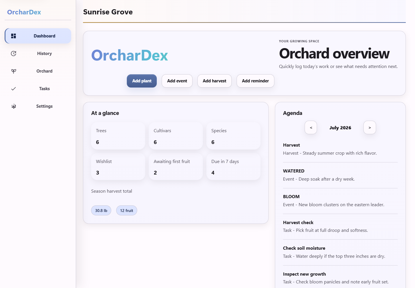 OrcharDex dashboard showing bloom windows, seasonal harvest totals, and upcoming orchard activity