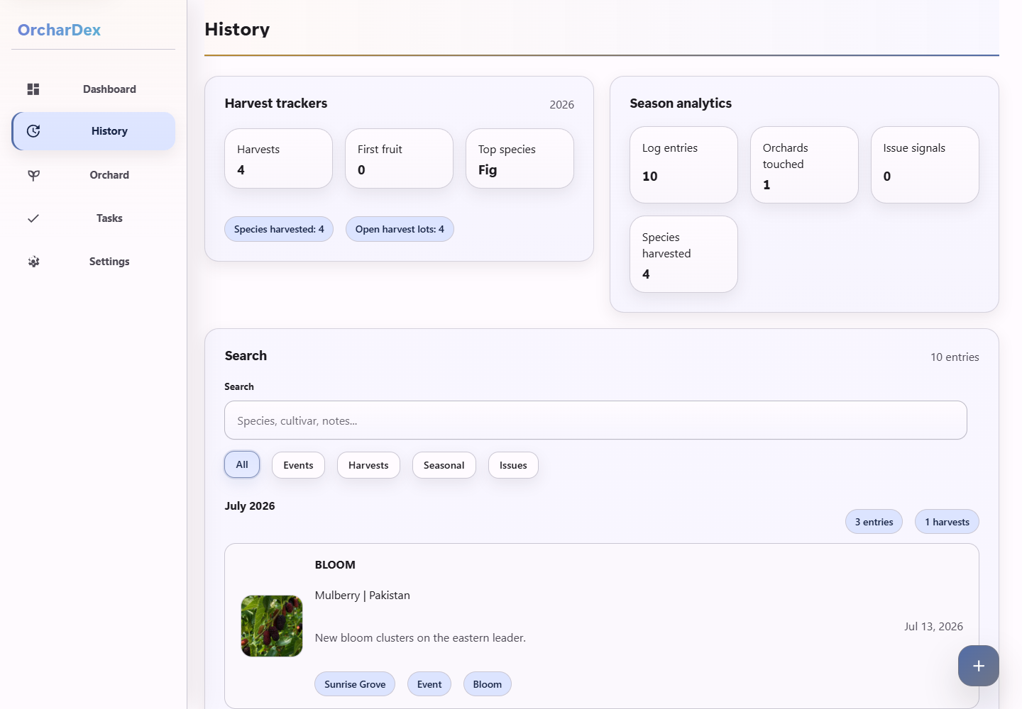 OrcharDex history view used to review dated phenology and harvest observations