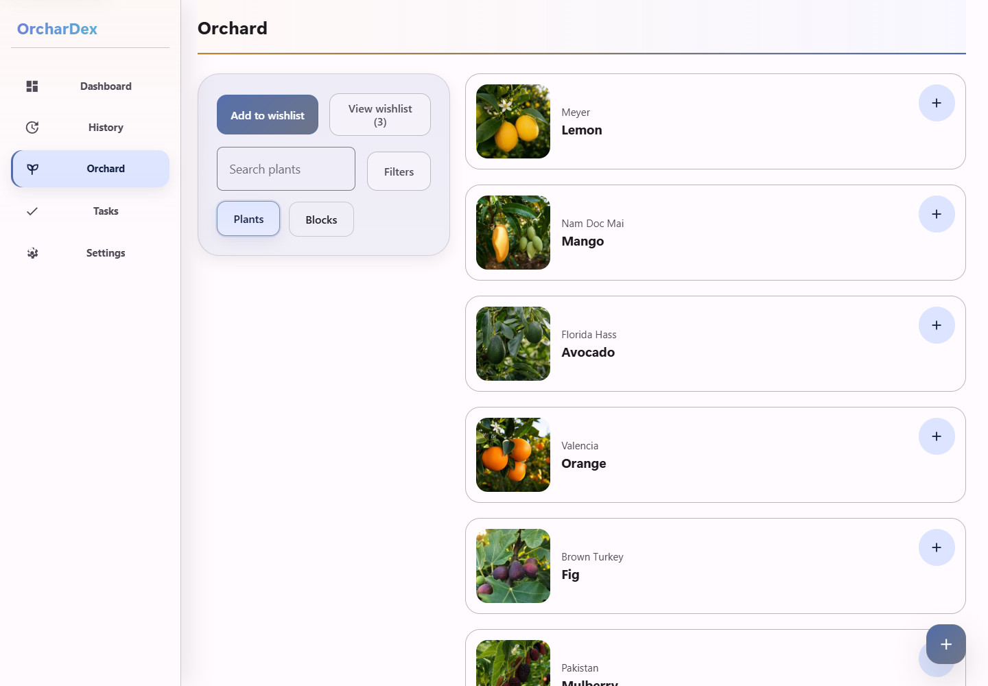 OrcharDex fruit tree tracker showing a searchable orchard catalog with photos and cultivars